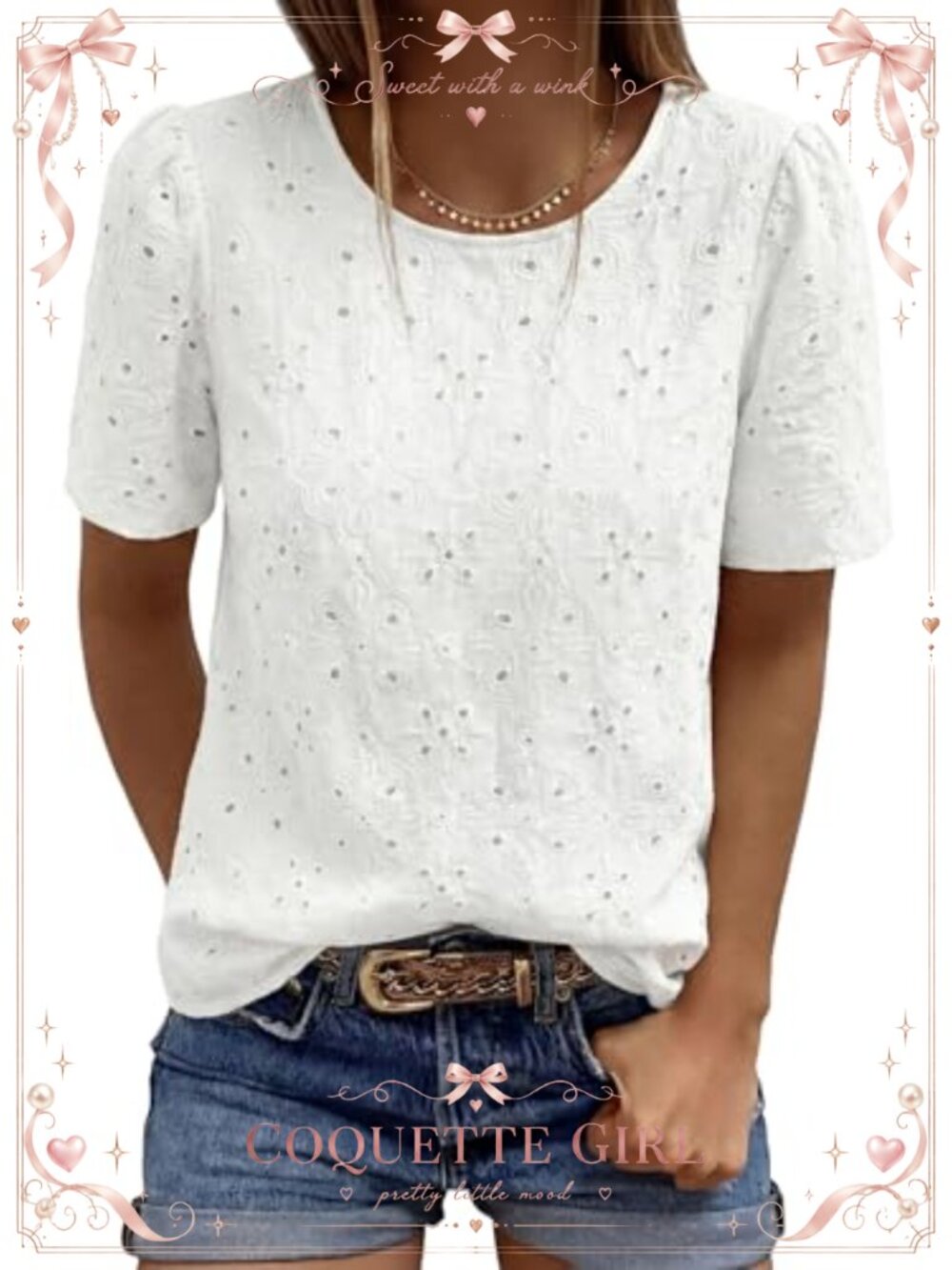 Embroidered Eyelet Blouse Cotton Puff Short Sleeve Office Casual Top